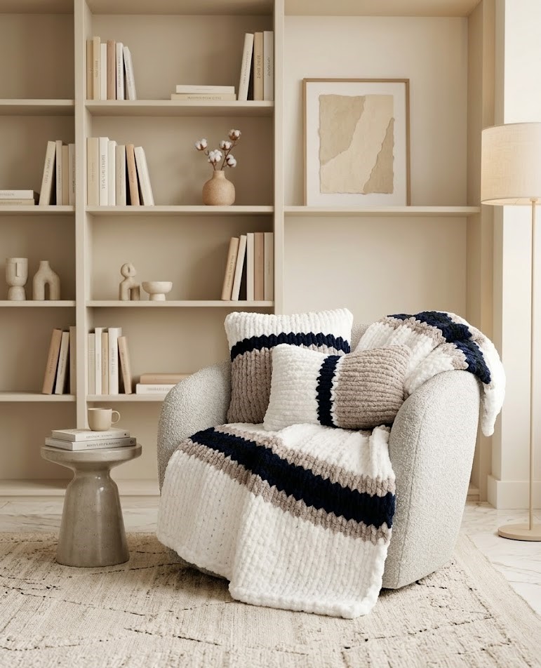 Set Home Decor "Indigo & Sable" – Plaid XXL e 2 Cuscini Chunky Knit – Fatto a Mano	